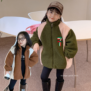 女童韩版加厚毛毛衣2023冬装女宝宝时尚洋气外套儿童保暖拼色棉衣