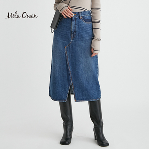 Mila Owen 夏季日系休闲设计感开衩中长款牛仔半身裙女士通勤裙子