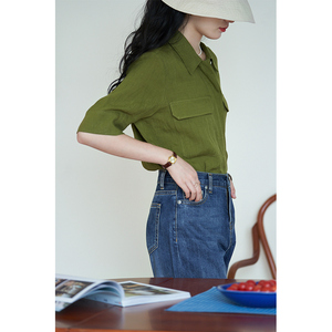 ertang 橄榄绿双口袋亚麻短袖衬衫女 夏季法式独特设计感小众上衣