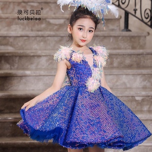 哈尔滨出租录贝高端儿童礼服公主裙蓝色短款亮片主持人独唱礼服