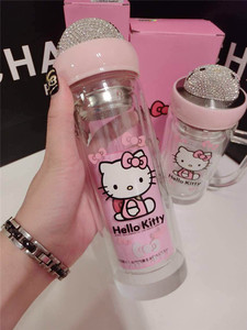 包邮镶钻Hellokitty透明玻璃杯KT猫头满钻双层玻璃杯贴钻便携水杯