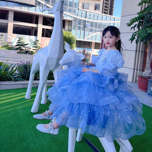 女童高端礼服裙蓝色迪士尼蓬蓬公主裙生日钢琴主持人演出走秀裙子