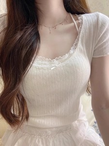 蕾丝花边白色短袖T恤女夏季韩版2024新款修身显瘦内搭打底上衣ins