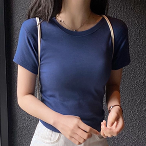 Slowand韩国代购正品百搭圆领钴蓝色修身短款莫代尔短袖T恤