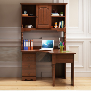 美式实木转角书桌 书架组合现代简约书柜一体轻奢欧式儿童电脑桌