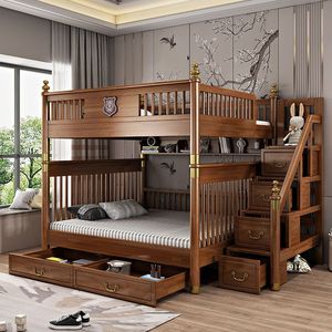 新中式全实木儿童高低双层床两层上下床男孩1.8上下铺床成人同宽