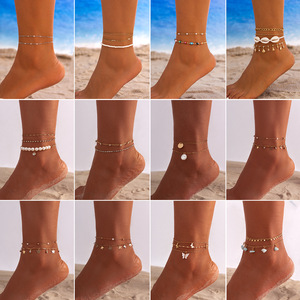 欧美跨境饰品 沙滩脚链套装个性时尚 蝴蝶流苏脚饰复古珍珠脚环