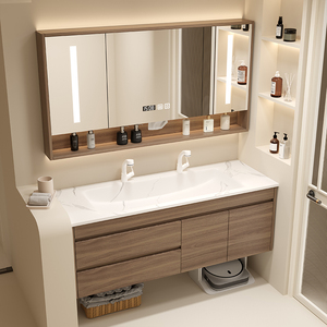 定制岩板热弯一体大单盆双龙头浴室柜组合智能镜柜洗手漱脸池台盆