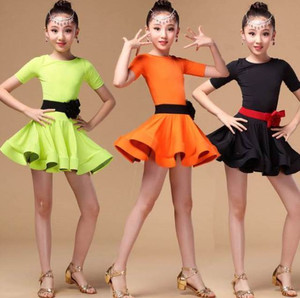 拉丁练功服女儿童中大童专业训练舞蹈演出套装小孩夏季短袖表演裙