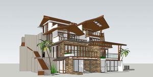 现代东南亚山地木结构石材坡屋顶退台设计别墅 建筑设计SU模型