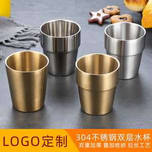304双层不锈钢口杯韩式餐厅餐饮水杯金色幼儿园防烫茶杯啤酒杯子