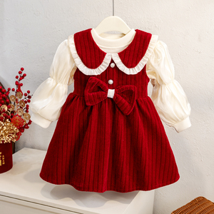女童汉服连衣裙冬季新款洋气拜年服两件套儿童唐装保暖上衣红色裙