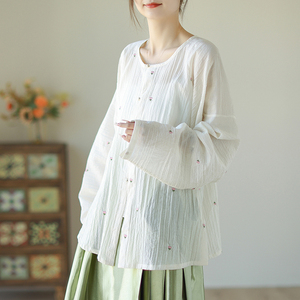 新中式改良汉服日常穿着明制圆领长袖小衫对襟短衫杏粉小花开衫衬