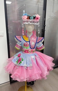 快乐阳光儿童少数民族服装女童独唱演出服粉色蓬蓬裙彝族壮族高端