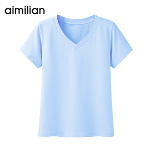 艾米恋纯棉V领短袖t恤女装夏季蓝色修身打底百搭纯色体恤白色上衣