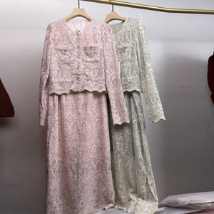 轻奢名媛风粉色蕾丝法式套装裙女2024年新款春装长袖连衣裙两件套