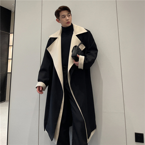 冬季韩国撞色大翻领毛呢大衣男中长款设计感韩版加棉加厚呢子外套