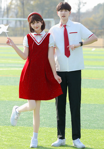 中学生春夏季班服套装高中学生演出服女红裙假两件诗歌朗诵表演服