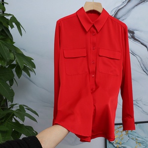 红色重磅真丝衬衫女长袖2023春季新款桑蚕丝上衣23姆米双乔衬衣