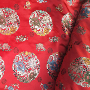 王氏手工吉祥富贵花大红色中国风复古绸缎布料服装软包缎面布料