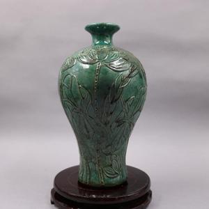 宋 吉州窑绿釉浮雕刻荷花纹观音梅瓶仿古瓷器家居摆件古董古玩