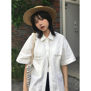 日系工装短袖衬衫外套女夏季新款白色休闲衬衣宽松高级感复古上衣