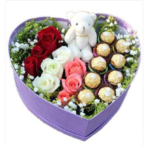 费列罗巧克力玫瑰花礼盒装生日情人节心形长方形同城鲜花速递配送