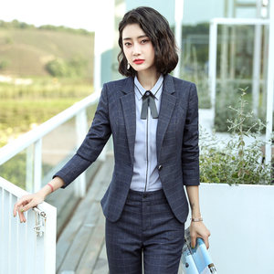 西装外套女2024春季新款韩版修身时尚职业套装女士蓝色格子小西服