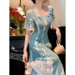 古拉良品原创「南法优雅」法式复古显瘦长裙重工刺绣蕾丝连衣裙夏