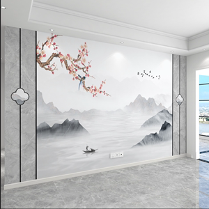 新中式玉兰花鸟墙纸客厅沙发电视背景墙壁纸轻奢墙布卧室定制壁画