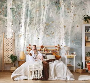 北欧抽象手绘白桦树林风景壁纸客厅电视背景墙纸沙发无缝壁画墙布