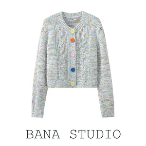 BANA外贸剪标UR宽松圆领设计感花色短款针织开衫女小个子毛衣外套