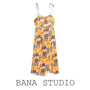 BANA外贸出口大牌尾单女装原单夏季新款花色开叉细吊带无袖连衣裙