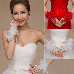 新娘手套结婚蕾丝钻仙美花朵白色女薄款春夏拍照韩式婚纱手套绑带