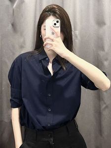 韩系显瘦藏青色长袖衬衫女春季设计感小众通勤百搭气质显白衬衣棉
