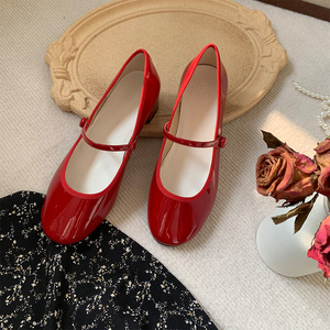 法式复古小红鞋一字扣浅口单鞋芭蕾舞鞋女红色玛丽珍鞋中跟百搭