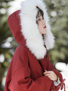 红色棉服2024冬季羊羔毛内胆学生连帽加绒加厚棉袄棉衣毛领外套女