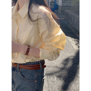 气质黄色衬衫女上衣2023新款韩版长袖全棉休闲叠穿高级感轻奢衬衣