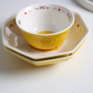 日本陶瓷hapins可爱黄色红色猫咪八角深盘/米饭碗餐盘面碗勺子