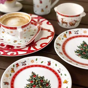 出口外贸圣诞玩具图案高温陶瓷喜庆节日西餐盘/咖啡杯碗包邮
