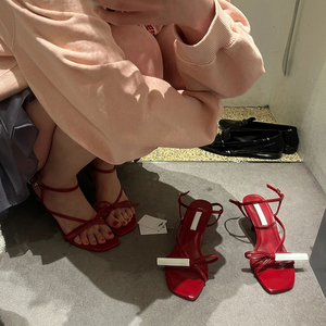 牛皮版！法式绝美凉鞋女夏外穿红色蝴蝶结一字细带方头细跟高跟鞋