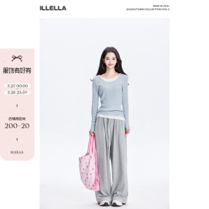 ILLELLA 假两件毛针织衫女春秋甜美薄款修身内搭打底毛衣长袖上衣