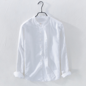 小清新立领衬衫男款亚麻长袖修身纯色小领白衬衫棉麻圆领白色衬衣