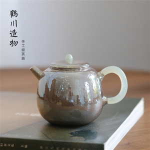 银壶纯银999泡茶壶纯手工家用茶具茶道中式正柄锤纹玉柄紫皮银壶