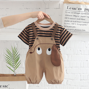 男宝宝夏季休闲韩版条纹短袖套装1-3-4岁2婴儿小童背带裤两件套潮