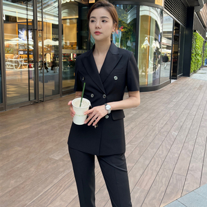 夏季黑色职业短袖西装套装女士薄款高级感韩版修身时尚气质女神范