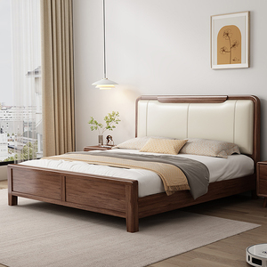 全实木床1.8米胡桃木工厂直销现代简约家用储物靠背垫软包双人床