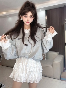 韩版蕾丝拼接长袖卫衣女2024春季新款设计感小众宽松显瘦百搭上衣