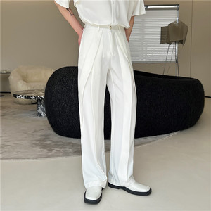 夏季休闲白色高级西装裤男韩版设计感贴布装饰坠垂感直筒皱褶长裤