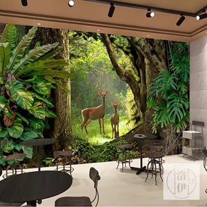 森林小鹿墙布热带雨林鹿野绿色植物大自然风景壁纸东南亚田园壁画